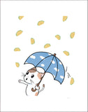 Raining Tacos art print by Bare It Designs, Edmonton, AB, Canada. A white cat with brown patches is shown holding an umbrella with white fluffy clouds while tacos are raining down from the sky.