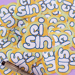 Close up of hologram decorative embellishment vinyl sticker of the Cantonese saying Ci Sin. Sticker fonts are hand drawn in a balloon (bubble) font style and printed by Bare It Designs, Edmonton, Canada.
