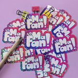Close up of hologram decorative embellishment vinyl sticker of the Cantonese saying So Ma Fan! Sticker fonts are hand drawn in a balloon (bubble) font style and printed by Bare It Designs, Edmonton, Canada.