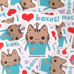 Close up of the cute kawaii cat I heart boxes! fridge magnet designed by Bare It Designs from Edmonton, AB, Canada.