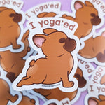 Close up of a cute kawaii French Bulldog I Yoga'ed fridge magnet designed by Bare It Designs from Edmonton, AB, Canada.