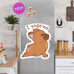 Product picture of a cute French Bulldog in a cobra pose fridge magnet with a background example of the Frenchie magnets clinging to a stainless steel fridge. French Bulldog magnet is designed by Bare It Designs.