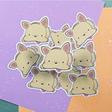 Cute kawaii French Bulldog fridge magnet designed by Bare It Designs from Edmonton, AB, Canada. Multiple French Bulldog magnets in a pile with one French Bulldog magnet highlighted in the center.