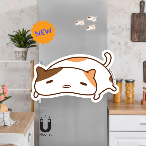 Product picture of a cute brown and orange patch plump lazy cat fridge magnet with a background example of the cat magnets clinging to a stainless steel fridge. This lazy cat magnet is designed by Bare It Designs, Edmonton, AB, Canada.
