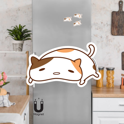 Product picture of a cute brown and orange patch plump lazy cat fridge magnet with a background example of the cat magnets clinging to a stainless steel fridge. This lazy cat magnet is designed by Bare It Designs, Edmonton, AB, Canada.