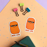 Cute kawaii nug life fridge magnet designed by Bare It Designs from Edmonton, AB, Canada. Picture shows two versions available for purchase: magnet version of nug life (left) and vinyl sticker version of nug life (right).