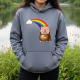 Heathered navy colour adult hoodie featuring a kawaii capybara sitting in a pot under a rainbow with its tangerines. Drawn and designed by Bare It Designs, Edmonton, AB.