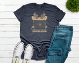 Adult heather navy tshirt with a cute kawaii art style of a reindeer playing games on a laptop and the saying "Reindeer Games" graphic design centered on the chest. Designed and printed by Bare It Designs, Edmonton, AB, Canada.