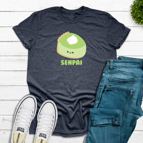 Heather navy adult tshirt with a cute pie slice design in the kawaii art style with the saying senpai. Designed and printed by Bare It Designs.