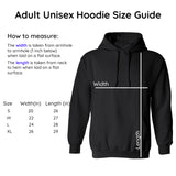 Adult unisex hoodie sizing guide with instructions on how to measure the width and length of the hoodie used by Bare It Designs Ltd.