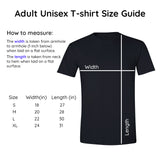 Adult unisex t-shirt sizing guide with instructions on how to measure the width and length of the t-shirt used by Bare It Designs Ltd.