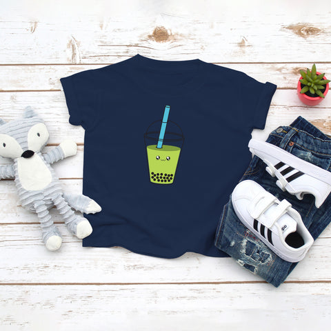 Navy toddler t-shirt with a cute avocado bubble tea drink drawing in the kawaii art style. Designed and printed by Bare It Designs.
