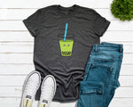 Adult heather grey tshirt with a large avocado bubble (boba) tea drink with a cute face designed and printed by Bare It Designs.