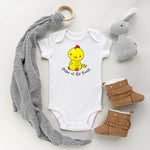 Kawaii cute baby rooster/chick with the saying Ruler of the Roost for the 2017 Year of the Rooster graphic on a baby bodysuit designed and printed by Bare It Designs.