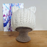 Cream colored warm, chunky textured crochet/knit toque featuring cat (animal) ears. Handmade by Bare It Designs Ltd.