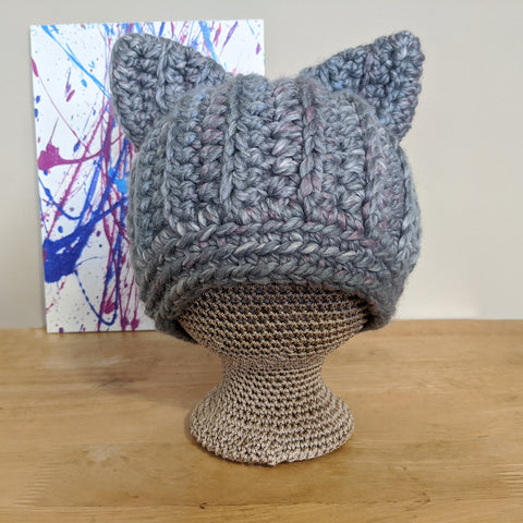 Storm colored warm, chunky textured crochet/knit toque featuring cat (animal) ears.  Handmade by Bare It Designs Ltd.