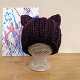 Galaxy colored warm, chunky textured crochet/knit toque featuring cat (animal) ears. Handmade by Bare It Designs Ltd.