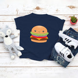 Navy toddler t-shirt with a cute cheeseburger with all the toppings drawing in the kawaii art style. Designed and printed by Bare It Designs.