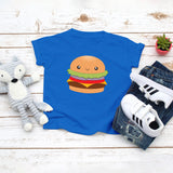 Royal blue toddler t-shirt with a cute cheeseburger with all the toppings drawing in the kawaii art style. Designed and printed by Bare It Designs.