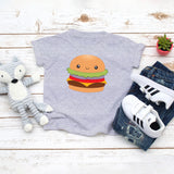 Grey toddler t-shirt with a cute cheeseburger with all the toppings drawing in the kawaii art style. Designed and printed by Bare It Designs.