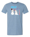 Adult heather blue tshirt with the graphic design of one snowman melting another snowman with a hair dryer and the saying "Chillin' Like A Villian". Designed and printed by Bare It Designs.