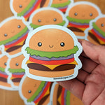 Close up of cute kawaii cheeseburger fridge magnet designed by Bare It Designs from Edmonton, AB, Canada.