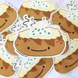 Close up of a cute kawaii baked potato fridge magnet designed by Bare It Designs from Edmonton, AB, Canada.