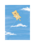 Flying A Cat Second Half of the set of two art prints by Bare It Designs, Edmonton, AB, Canada. An orange cat is shown attached to a kite string and is being flown in the air like a kite on a beautiful summer sunny day with blue skies.