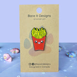 Cute kawaii fries with eyes and a wide smile enamel pin on card backing by Bare It Designs