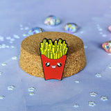 Cute kawaii fries with eyes and a wide smile enamel pin by Bare It Designs
