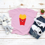 Light pink toddler t-shirt with a cute classic red carton of fries drawing in the kawaii art style. Designed and printed by Bare It Designs.