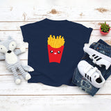 Navy toddler t-shirt with a cute classic red carton of fries drawing in the kawaii art style. Designed and printed by Bare It Designs.