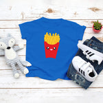 Royal blue toddler t-shirt with a cute classic red carton of fries drawing in the kawaii art style. Designed and printed by Bare It Designs.