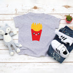 Grey toddler t-shirt with a cute classic red carton of fries drawing in the kawaii art style. Designed and printed by Bare It Designs.