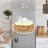 Product picture of a cute flexible baked potato topped with sour cream and chives fridge magnet with a background example of the baked potato magnets clinging to a stainless steel fridge. Baked potato magnet is designed by Bare It Designs.