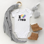 I Heart #YEG baby bodysuit designed by Bare It Designs, Edmonton, Alberta. The image of the heart is colored in the rainbow spectrum.