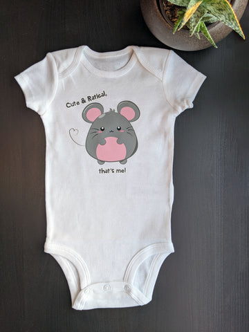 Cute & Ratical That's Me! 2020 Year of the Rat Baby Bodysuit - Designed and printed by Bare It Designs in Edmonton, AB, Canada. Size of bodysuit pictured is 6 month.
