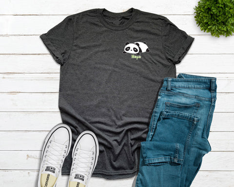 Adult dark heather grey tshirt with the kawaii art style of a cute lazy panda and the saying "Nope" graphic design on the left chest. Designed and printed by Bare It Designs.