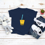 Navy toddler t-shirt with a cute mango bubble tea drink drawing in the kawaii art style. Designed and printed by Bare It Designs.