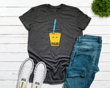 Adult heather grey tshirt with a large mango bubble (boba) tea drink with a cute face designed and printed by Bare It Designs.