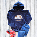 Navy youth hoodie with the design of a cute brown and white lazy cat and the saying "Maybe later".  Lazy cat is drawn in the kawaii art style. Designed and printed by Bare It Designs.