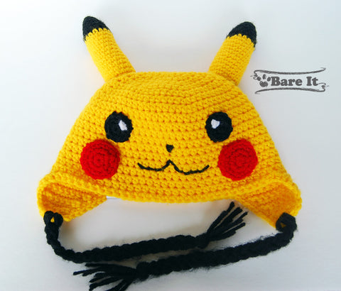 Pokemon Pikachu character crochet toque with ear flaps and braided draw strings.  Handmade by Bare It Designs Ltd.