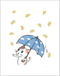 Raining Tacos art print by Bare It Designs, Edmonton, AB, Canada. A white cat with brown patches is shown holding an umbrella with white fluffy clouds while tacos are raining down from the sky.