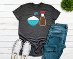 Adult dark heather grey tshirt with cute faces on a rice bowl and soy sauce bottle with the saying BFF graphic design. Designed and printed by Bare It Designs.