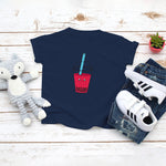 Navy toddler t-shirt with a cute strawberry bubble tea drink drawing in the kawaii art style. Designed and printed by Bare It Designs.