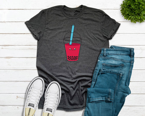 Adult heather grey tshirt with a large strawberry bubble (boba) tea drink with a cute face designed and printed by Bare It Designs.