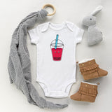 White baby bodysuit with an strawberry bubble tea drink with a cute face kawaii art style designed and printed by Bare It Designs.