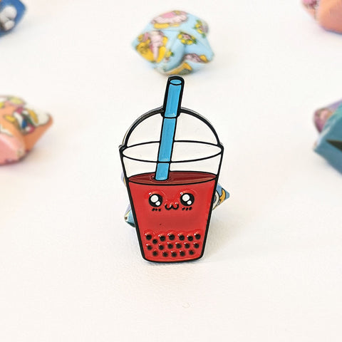 Cute kawaii strawberry bubble tea enamel pin by Bare It Designs