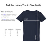 Unisex toddler t-shirt size guide with measurements and corresponding ages used by Bare It Designs Ltd.