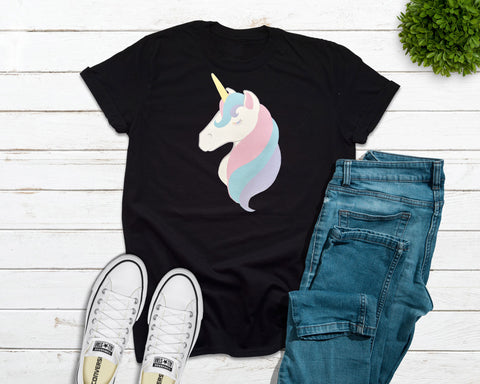 Youth black tshirt with a glittery, sparkling unicorn head with pastel purple, pink, and blue mane and eyelashes graphic design. Designed and printed by Bare It Designs.